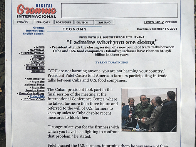 Pictured is Dwight Roberts of the USRPA having a discussion about rice and farming with President Fidel Castro shown on the front page of the Granma, the official newspaper of the Cuban government (December 17, 2004). Dwight was in Havana to speak at the US-Cuba Trade Conference hosted by the Cuban government at the time.